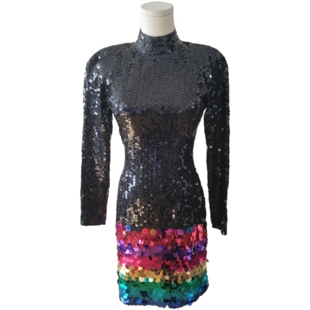 Vintage 80's NiteLine Black Sequin Multicolor Mini Dress Size Medium